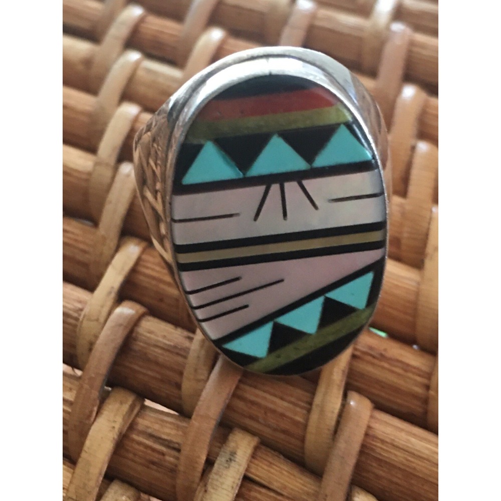 Vintage Zuni turquoise mother of pearl Inlay Ring By AL Zuni large 10 - Picture 2 of 5